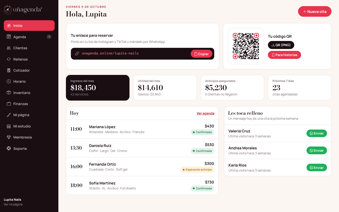 Panel de Uñagenda con citas, ingresos y recordatorios