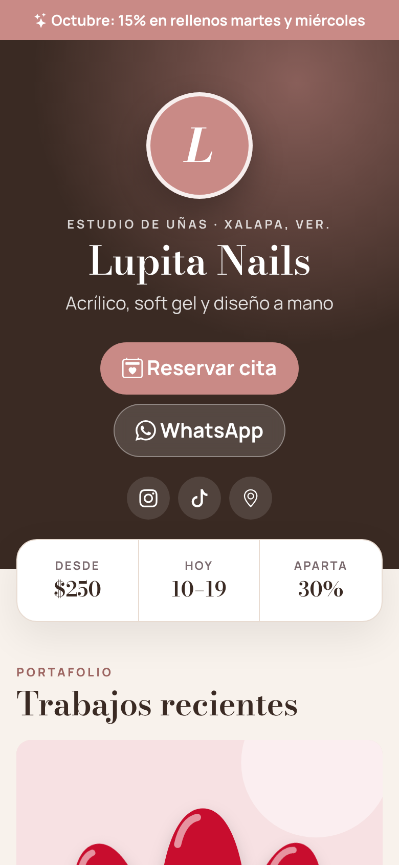 Página de reservas de un estudio en Uñagenda